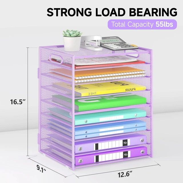 Alt view image 6 of 6 - 9 Tier Paper Organizer with Handle, Purple Large Capacity Desk Organizer Mesh File Folder Letter Paper Tray Desktop Document Sorter for Classroom, School, and Office Accessories Organization