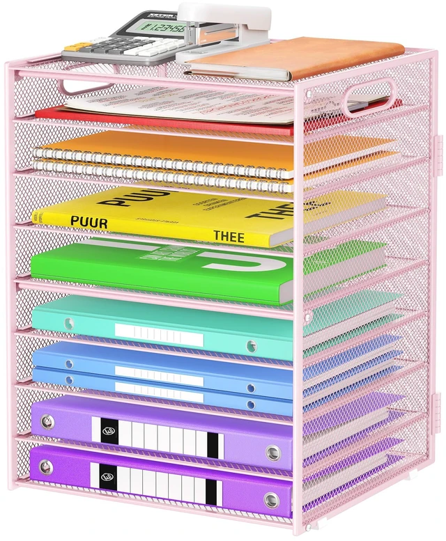 Main image of 9 Tier Paper Organizer with Handle, Pink Large Capacity Desk Organizer Mesh File Folder Letter Paper Tray Desktop Document Sorter for Classroom, School, and Office Accessories Organization