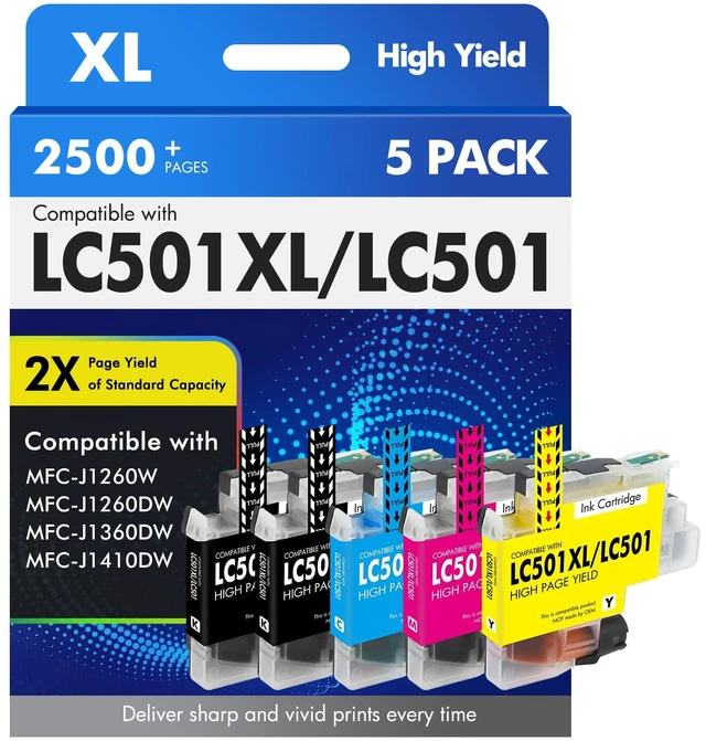 Main image of LC501XL LC501 MFC-J1360DW Ink Cartridges for Brother Printer MFC-J1260W Compatible for Brother LC 501 XL MFC-J1410DW MFC J1360DW J1260W J1260DW J1410DW Series Printer (5 Pack 2BKCMY)