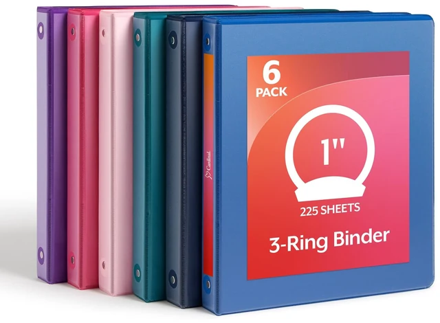 Main image of 1 Inch 3 Ring Binders, 6 Pack, Assorted Colors, Holds 225 Sheets Round rings, clear view covers for custom inserts, and 2 inside pockets. PVC free, non stick. Stock up pack