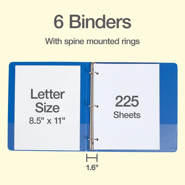 Alt view image 2 of 7 - 1 Inch 3 Ring Binders, 6 Pack, Assorted Colors, Holds 225 Sheets Round rings, clear view covers for custom inserts, and 2 inside pockets. PVC free, non stick. Stock up pack