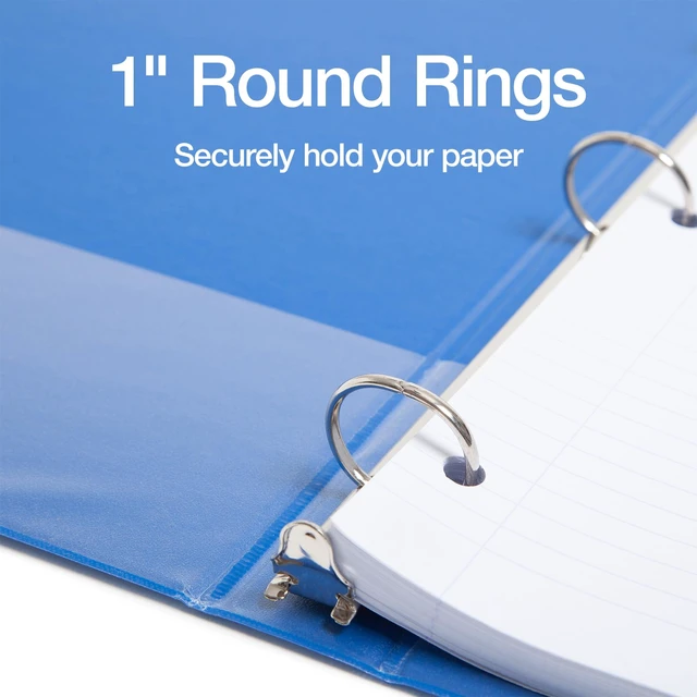 Alt view image 3 of 7 - 1 Inch 3 Ring Binders, 6 Pack, Assorted Colors, Holds 225 Sheets Round rings, clear view covers for custom inserts, and 2 inside pockets. PVC free, non stick. Stock up pack