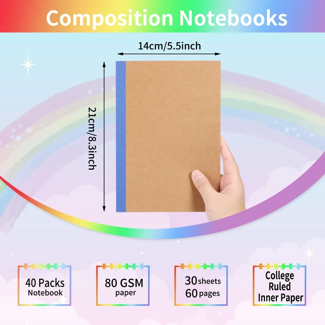 Alt view image 2 of 7 - 40 Pack A5 Kraft Notebooks Bulk, Lined Journals Bulk Colors with Rainbow Spine, 60 Pages for Kids Writing, Travel, Students