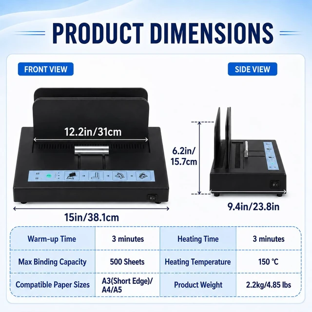 Alt view image 2 of 6 - Thermal Binding Machine 500 Sheets Capacity, Book Binding Material 110V Binding Machine A3(Short Edge)/A4/A5 Document Heat Binder with 10Pcs Covers (Black)
