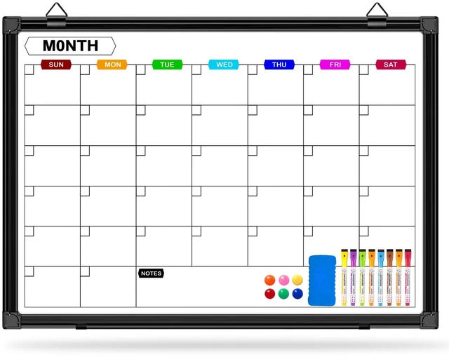 Main image of Calendar Whiteboard for Wall 24" x 18", with Black Aluminum Frame Monthly White Board Calendar Dry Erase, Hanging Wall Mount, Dry Erase Board for Office Home and School