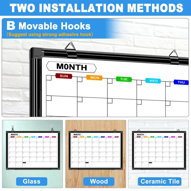 Alt view image 5 of 7 - Calendar Whiteboard for Wall 24" x 18", with Black Aluminum Frame Monthly White Board Calendar Dry Erase, Hanging Wall Mount, Dry Erase Board for Office Home and School