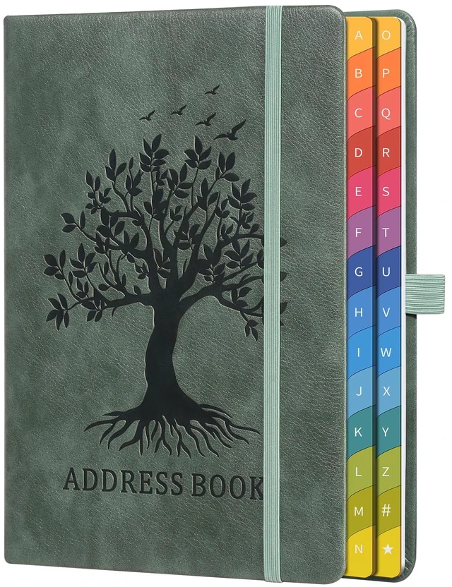Main image of Address Book with Colorful Alphabetical Tabs, 5.8" × 8.4", Sage Green Hardcover, 600+ Contacts, Large Print Contact Organizer for Seniors, with Website & Password Pages, Back Pocket