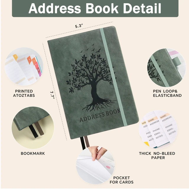 Alt view image 3 of 7 - Address Book with Colorful Alphabetical Tabs, 5.8" × 8.4", Sage Green Hardcover, 600+ Contacts, Large Print Contact Organizer for Seniors, with Website & Password Pages, Back Pocket