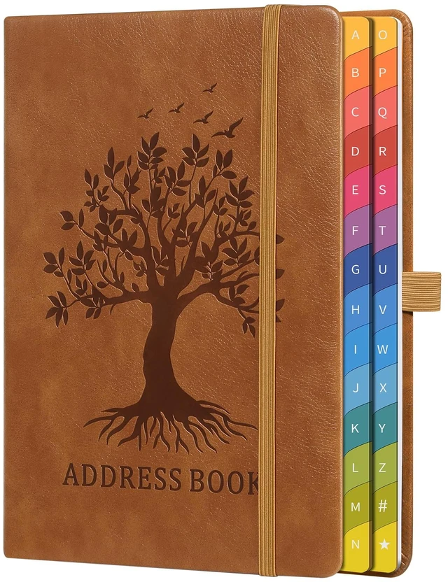Main image of Address Book with Colorful Alphabetical Tabs (8.4" x 5.8") - Hardcover Telephone and Contact Organizer, with Space for Important Website Passwords and Software Licenses - Brown