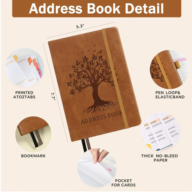 Alt view image 3 of 7 - Address Book with Colorful Alphabetical Tabs (8.4" x 5.8") - Hardcover Telephone and Contact Organizer, with Space for Important Website Passwords and Software Licenses - Brown