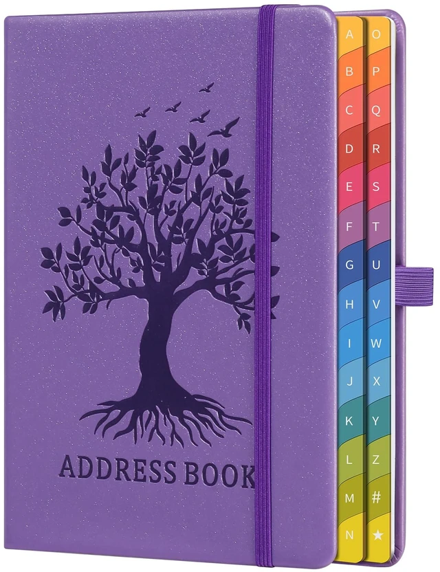 Main image of Address Book with Colorful Alphabetical Tabs, 5.8" × 8.4", Purple Hardcover, 600+ Contacts, Large Print Contact Organizer for Seniors, with Website & Password Pages, Back Pocket
