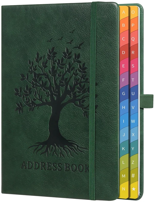 Main image of Address Book with Colorful Alphabetical Tabs, 5.8" × 8.4", Dark Green Hardcover, 600+ Contacts, Large Print Contact Organizer for Seniors, with Website & Password Pages, Back Pocket