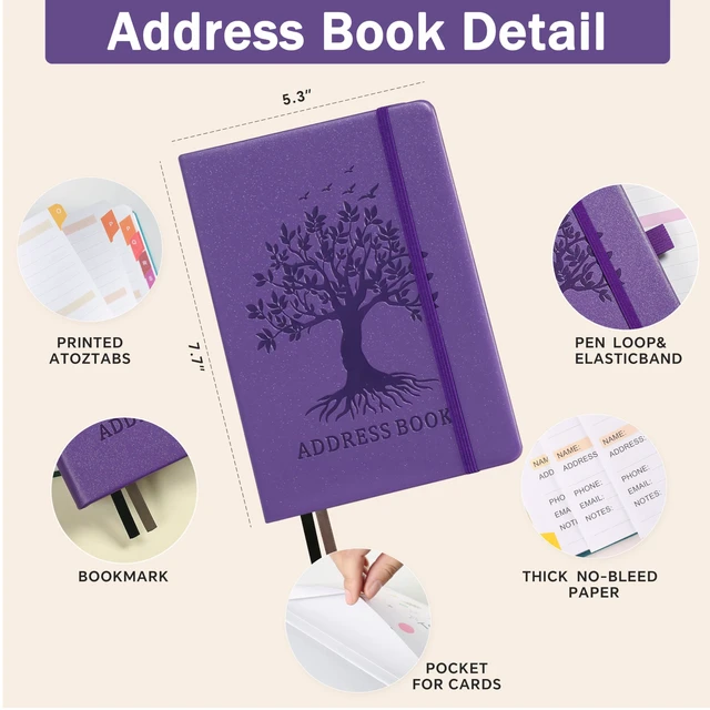 Alt view image 3 of 7 - Address Book with Colorful Alphabetical Tabs, 5.8" × 8.4", Purple Hardcover, 600+ Contacts, Large Print Contact Organizer for Seniors, with Website & Password Pages, Back Pocket