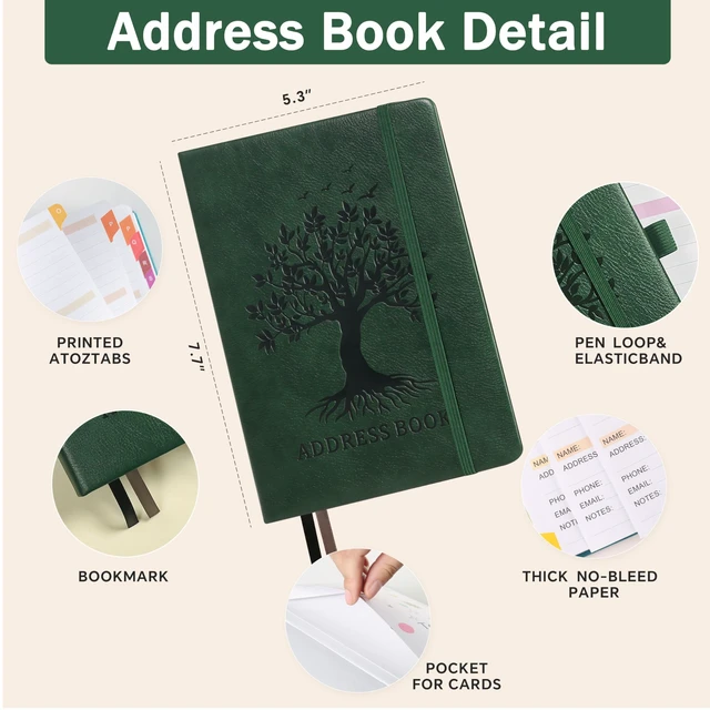 Alt view image 2 of 7 - Address Book with Colorful Alphabetical Tabs, 5.8" × 8.4", Dark Green Hardcover, 600+ Contacts, Large Print Contact Organizer for Seniors, with Website & Password Pages, Back Pocket
