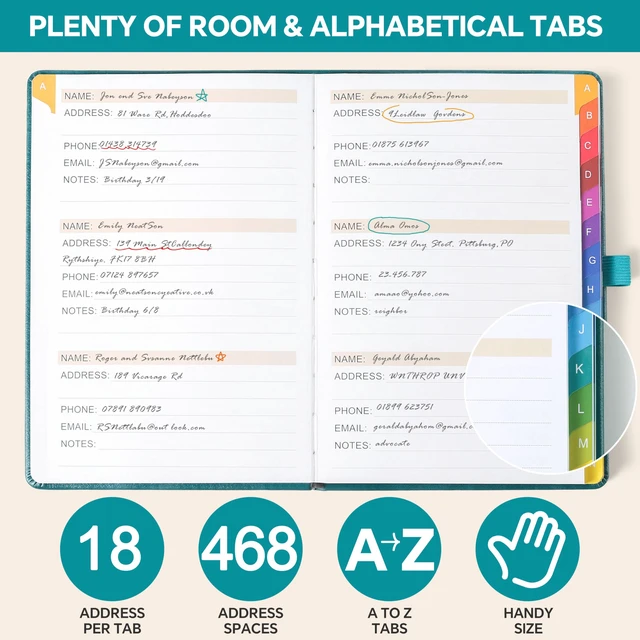 Alt view image 6 of 7 - Address Book with Colorful Alphabetical Tabs (8.4" x 5.8") - Hardcover Telephone and Contact Organizer, with Space for Important Website Passwords and Software Licenses - Brown