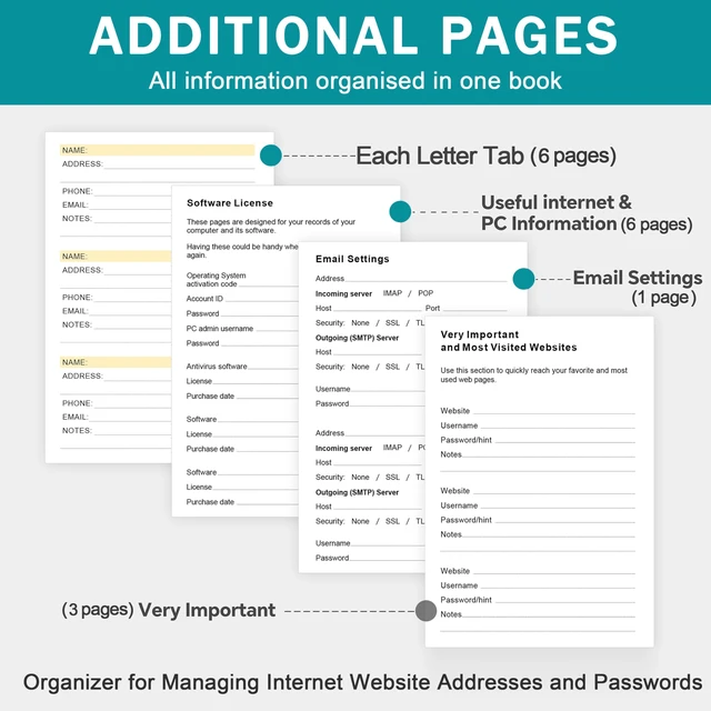 Alt view image 7 of 7 - Address Book with Colorful Alphabetical Tabs (8.4" x 5.8") - Hardcover Telephone and Contact Organizer, with Space for Important Website Passwords and Software Licenses - Brown