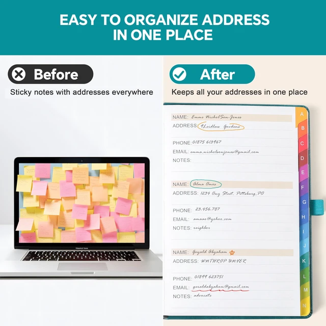 Alt view image 5 of 7 - Address Book with Colorful Alphabetical Tabs (8.4" x 5.8") - Hardcover Telephone and Contact Organizer, with Space for Important Website Passwords and Software Licenses - Brown