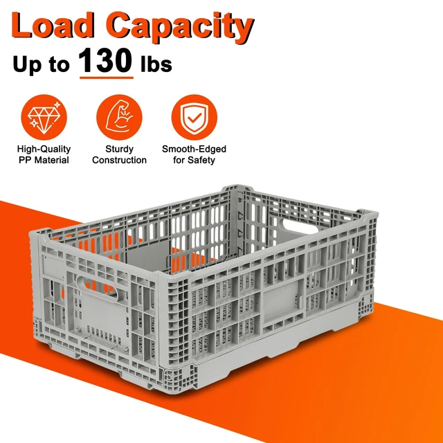 Alt view image 4 of 6 - 52L Collapsible Crate with Handles, Milk Crates Heavy Duty, Hold 130 lbs Per Bin, Large Plastic Crate for Storage Items, Camping, Toy, Gardening & Trunk