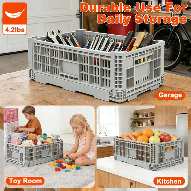 Alt view image 5 of 6 - 52L Collapsible Crate with Handles, Milk Crates Heavy Duty, Hold 130 lbs Per Bin, Large Plastic Crate for Storage Items, Camping, Toy, Gardening & Trunk