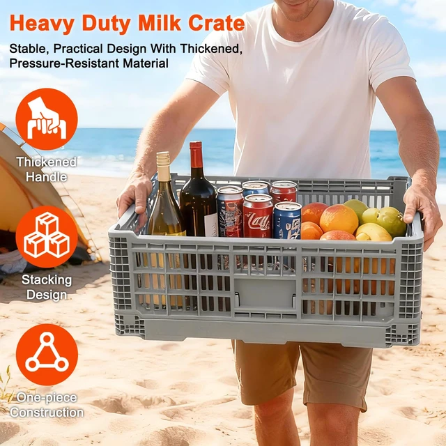 Alt view image 6 of 6 - 52L Collapsible Crate with Handles, Milk Crates Heavy Duty, Hold 130 lbs Per Bin, Large Plastic Crate for Storage Items, Camping, Toy, Gardening & Trunk