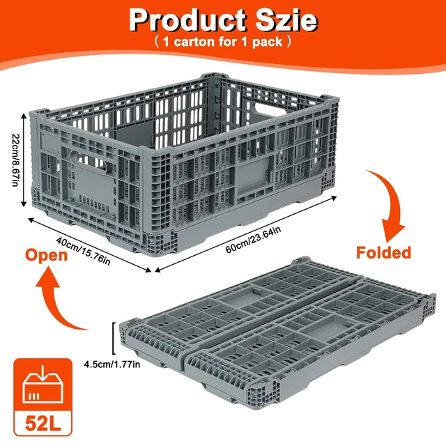 Alt view image 2 of 6 - Collapsible Milk Crates 52L, Plastic Folding Storage Crate with Handle, Heavy Duty Storage Bins for Organizing Tools, Books, Food, Drinks, Camping & Transport