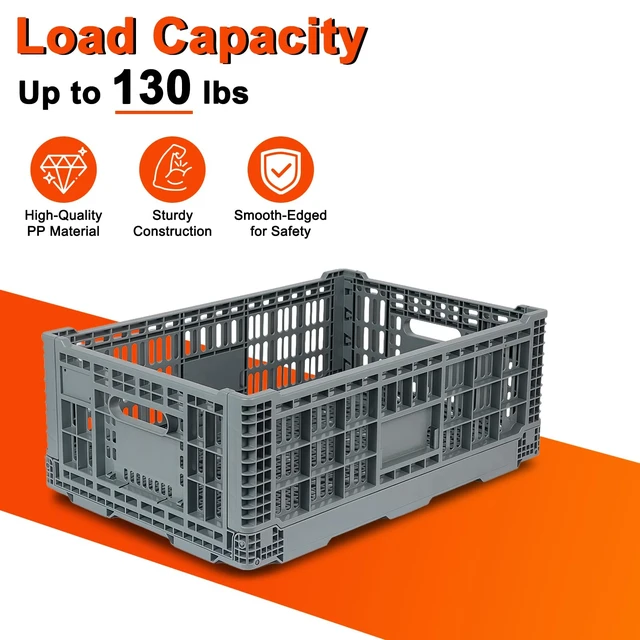 Alt view image 4 of 6 - Collapsible Milk Crates 52L, Plastic Folding Storage Crate with Handle, Heavy Duty Storage Bins for Organizing Tools, Books, Food, Drinks, Camping & Transport