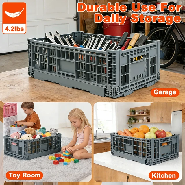 Alt view image 5 of 6 - Collapsible Milk Crates 52L, Plastic Folding Storage Crate with Handle, Heavy Duty Storage Bins for Organizing Tools, Books, Food, Drinks, Camping & Transport