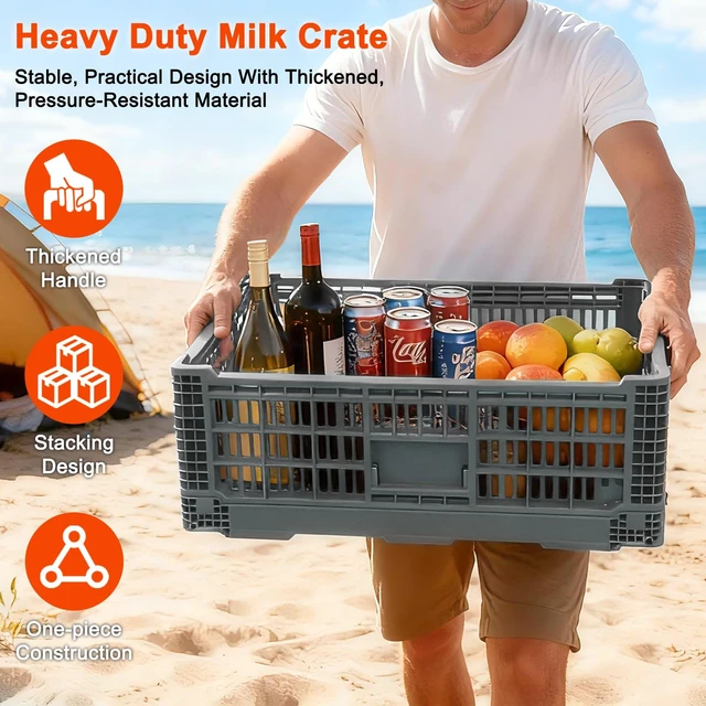 Alt view image 6 of 6 - Collapsible Milk Crates 52L, Plastic Folding Storage Crate with Handle, Heavy Duty Storage Bins for Organizing Tools, Books, Food, Drinks, Camping & Transport