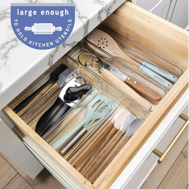 Alt view image 2 of 5 - Six Pcs. Plastic Clear Drawer Organizers. Stackable Storage Trays for Kitchen Utensils and Silverware. 2 Sizes. Stackable