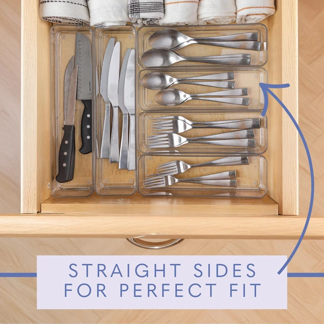 Alt view image 4 of 5 - Six Pcs. Plastic Clear Drawer Organizers. Stackable Storage Trays for Kitchen Utensils and Silverware. 2 Sizes. Stackable