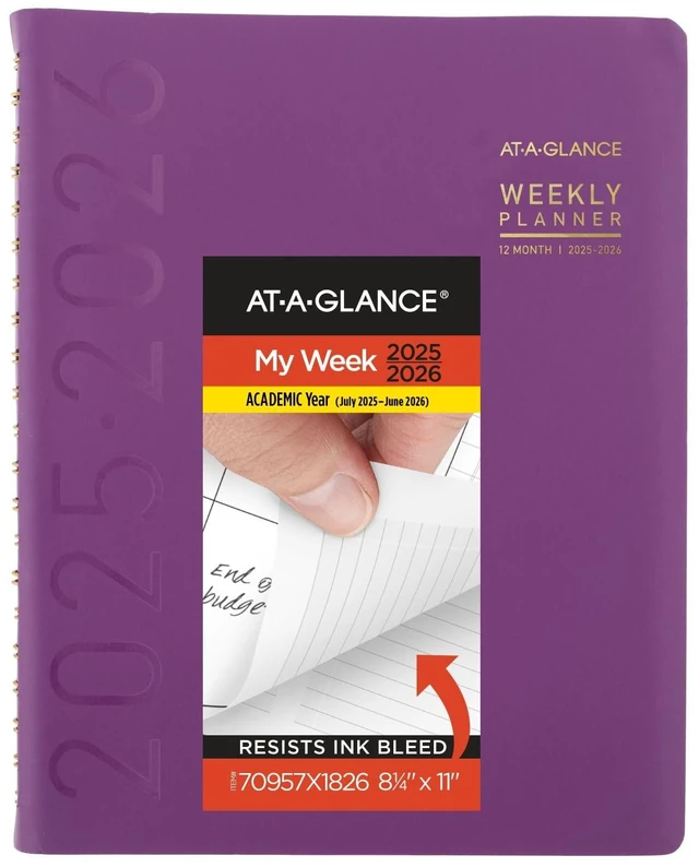 Main image of Planner 2025-2026 Academic, Weekly & Monthly, Half-Hourly Appointment Book, 8-1/4" x 11", Large, Monthly Tabs, Flexible Cover, Contemporary, Purple (70957X18)