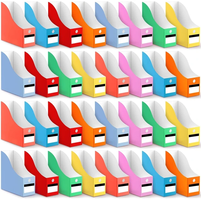 Main image of 32 Pcs Cardboard Magazine File Holders Organizer, Solid, Classic Foldable Magazine Boxes with Label Stickers, 8 Colors for Document Filing, Desk Storage Organizer for Office School