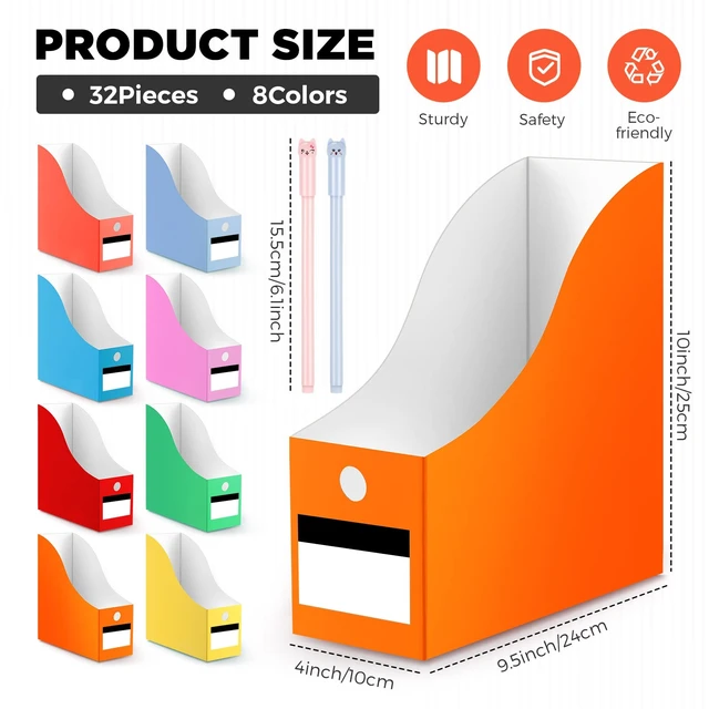 Alt view image 2 of 7 - 32 Pcs Cardboard Magazine File Holders Organizer, Solid, Classic Foldable Magazine Boxes with Label Stickers, 8 Colors for Document Filing, Desk Storage Organizer for Office School