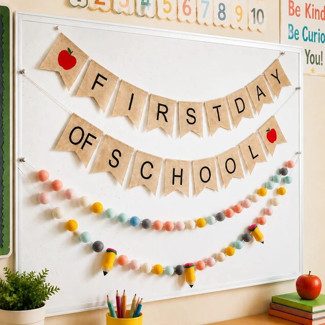 Main image of 4Pcs 9.84ft First Day of School Banner Decoration Set, Candy Felt Pencil Ball Garland Colorful Pompom Garland Bunting Burlap Flag Banner for Classroom Back to School Backdrop