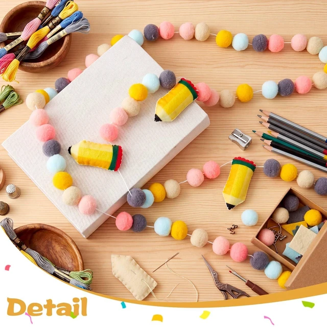 Alt view image 2 of 7 - 4Pcs 9.84ft First Day of School Banner Decoration Set, Candy Felt Pencil Ball Garland Colorful Pompom Garland Bunting Burlap Flag Banner for Classroom Back to School Backdrop