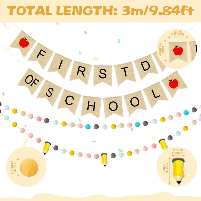 Alt view image 3 of 7 - 4Pcs 9.84ft First Day of School Banner Decoration Set, Candy Felt Pencil Ball Garland Colorful Pompom Garland Bunting Burlap Flag Banner for Classroom Back to School Backdrop