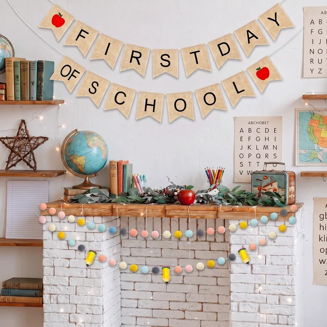 Alt view image 4 of 7 - 4Pcs 9.84ft First Day of School Banner Decoration Set, Candy Felt Pencil Ball Garland Colorful Pompom Garland Bunting Burlap Flag Banner for Classroom Back to School Backdrop
