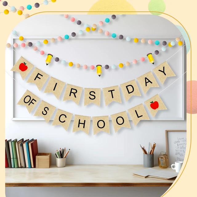 Alt view image 5 of 7 - 4Pcs 9.84ft First Day of School Banner Decoration Set, Candy Felt Pencil Ball Garland Colorful Pompom Garland Bunting Burlap Flag Banner for Classroom Back to School Backdrop
