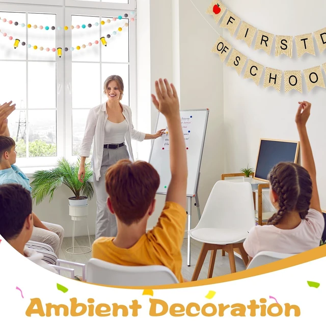 Alt view image 7 of 7 - 4Pcs 9.84ft First Day of School Banner Decoration Set, Candy Felt Pencil Ball Garland Colorful Pompom Garland Bunting Burlap Flag Banner for Classroom Back to School Backdrop