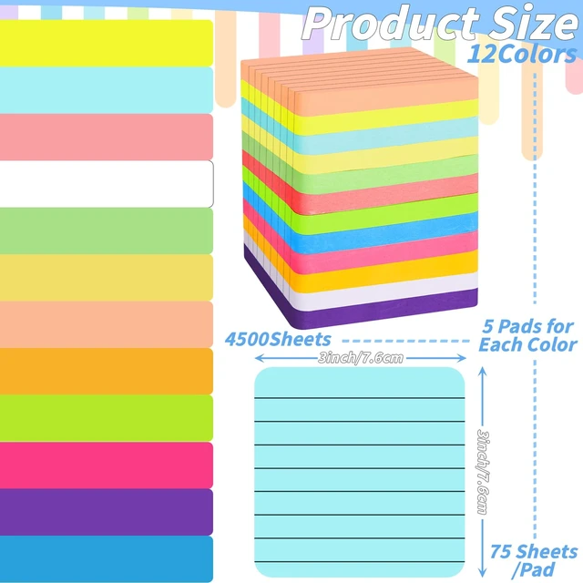 Alt view image 2 of 7 - 60 Pads Round Corner Sticky Notes 3x3 Inch Lined 12 Colors Memo Pads 75 Sheets Per Pad, Strong Adhesive Notes, Self Stick, Bright Colors, Office, Home, Notebook, Planning, Reminders