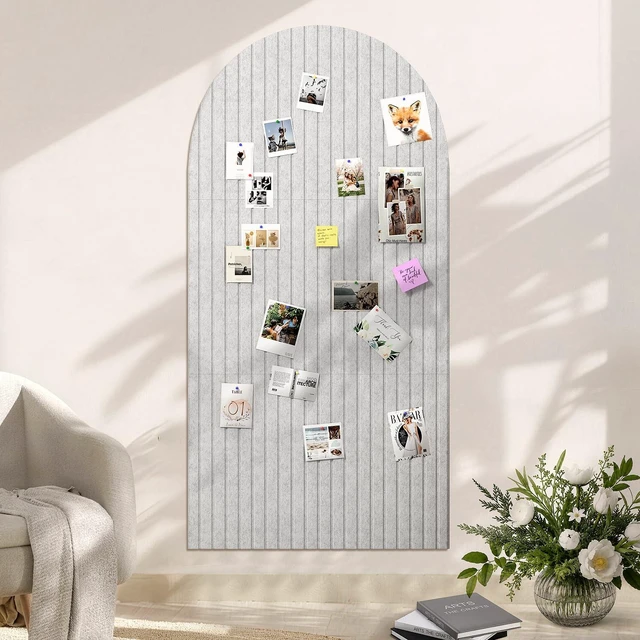 Main image of Large Arched Felt Bulletin Board, 48"x24", Gray Cork Board Alternative, 3 Foldable Adhesive Tiles, 50 Push Pins, Office Wall Decor, Pin Boards for Pictures & Photos Display
