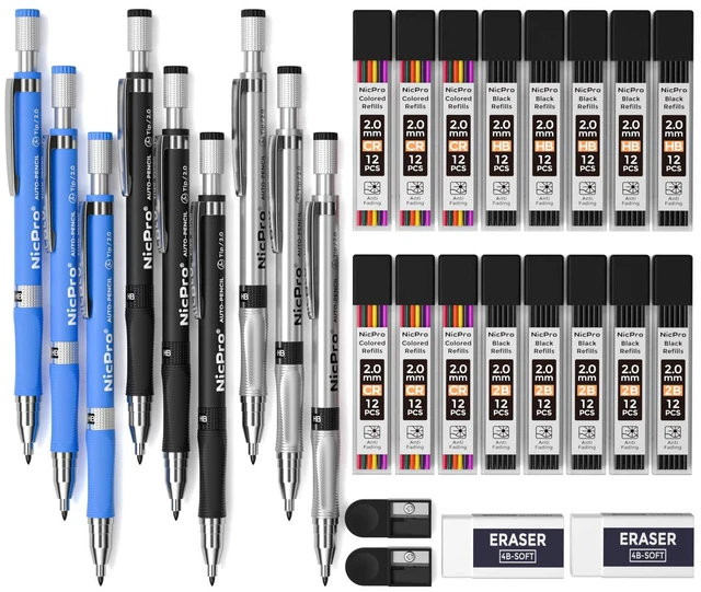 Main image of 29 Pieces 2mm Mechanical Pencil Set 9 PCS Drafting Carpenter Pencils 2.0 mm for Art Drawing Sketching construction with 192 Lead Refills Pre-Sharpen HB & 2B & Colors, 2 Erasers, 2 Sharpener