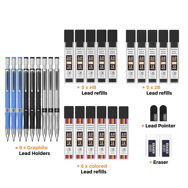 Alt view image 2 of 6 - 29 Pieces 2mm Mechanical Pencil Set 9 PCS Drafting Carpenter Pencils 2.0 mm for Art Drawing Sketching construction with 192 Lead Refills Pre-Sharpen HB & 2B & Colors, 2 Erasers, 2 Sharpener