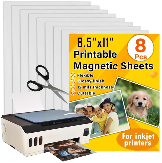 Main image of Printable Magnetic Sheets 8.5 x 11, Glossy 8 Pcs for Inkjet Printers Print Paper Non-Adhesive Backing, 12 mil, Flexible Magnet Photos for DIY Crafts, Refrigerator, Classroom and Office Decor
