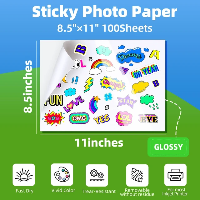Alt view image 2 of 7 - Printable Glossy Sticker Paper, 8.5x11, 100 Sheets, Inkjet & Laser 135gsm, 37lb, 8.5mil glossy adhesive sheets for labels, crafts, Cricut, Silhouette, and scrapbooking; not for pigment ink