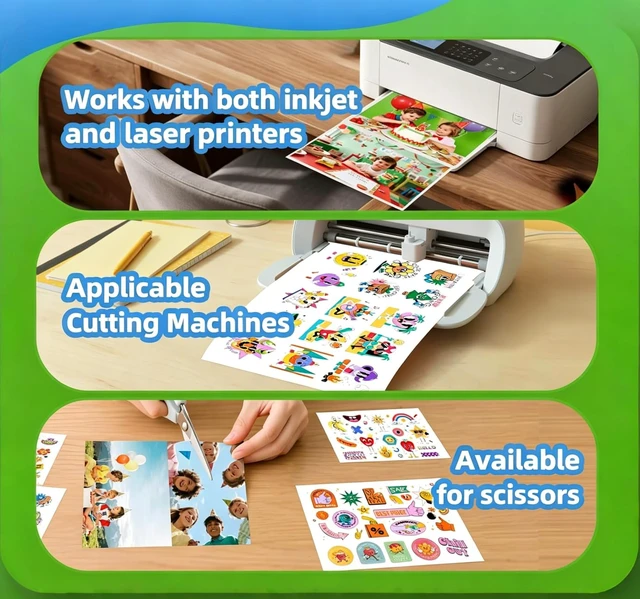 Alt view image 6 of 7 - Printable Glossy Sticker Paper, 8.5x11, 100 Sheets, Inkjet & Laser 135gsm, 37lb, 8.5mil glossy adhesive sheets for labels, crafts, Cricut, Silhouette, and scrapbooking; not for pigment ink