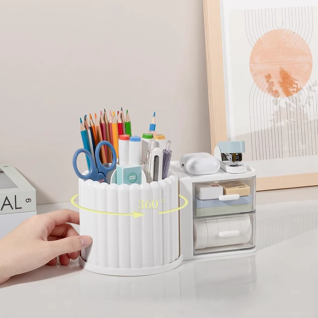 Alt view image 2 of 6 - Rotating Pen Holder for Desk Removable Pencil Cup, Large White 7 Slots Pen Cup Cute Office Supplies and Accessories Plastic Desktop Storage Box Art Caddy for School, Work, Home