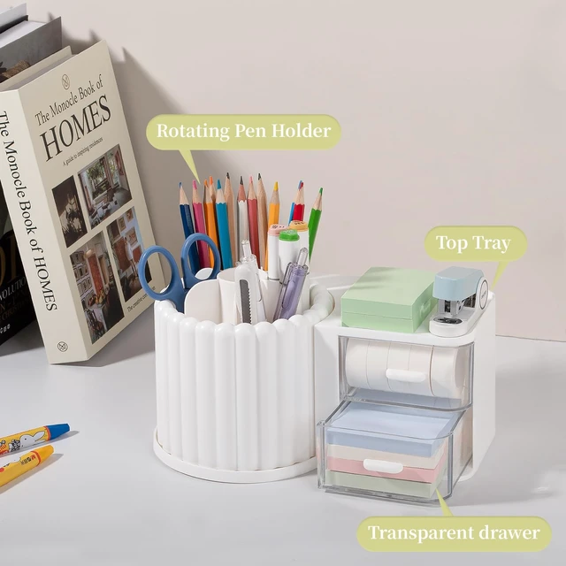 Alt view image 3 of 6 - Rotating Pen Holder for Desk Removable Pencil Cup, Large White 7 Slots Pen Cup Cute Office Supplies and Accessories Plastic Desktop Storage Box Art Caddy for School, Work, Home