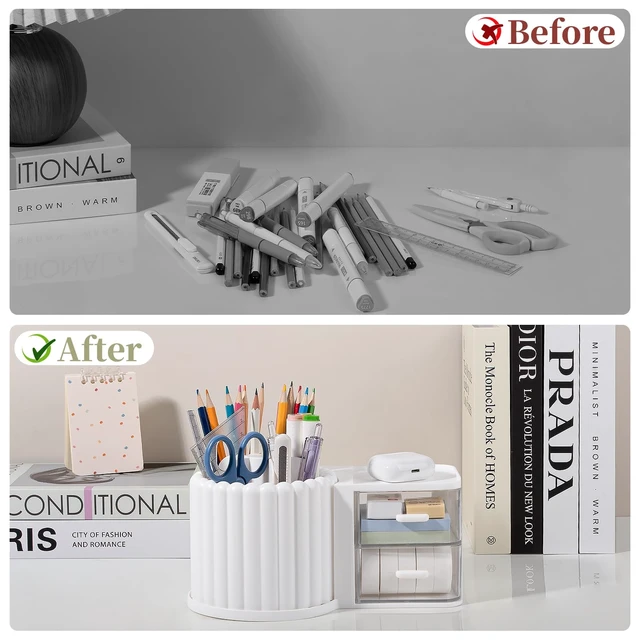 Alt view image 5 of 6 - Rotating Pen Holder for Desk Removable Pencil Cup, Large White 7 Slots Pen Cup Cute Office Supplies and Accessories Plastic Desktop Storage Box Art Caddy for School, Work, Home