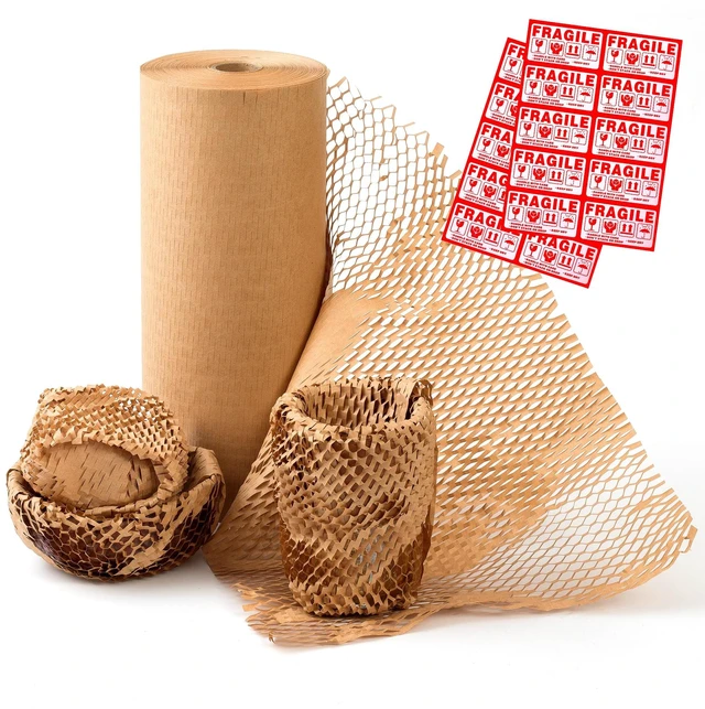 Main image of Honeycomb Packing Paper 15" Width X 300 FT for Moving Glass Dishes Recyclable Wrapping Paper Bubble Wrap Packing Material for Shipping Fragile Items Shipping Filler with 20 Fragile Stickers